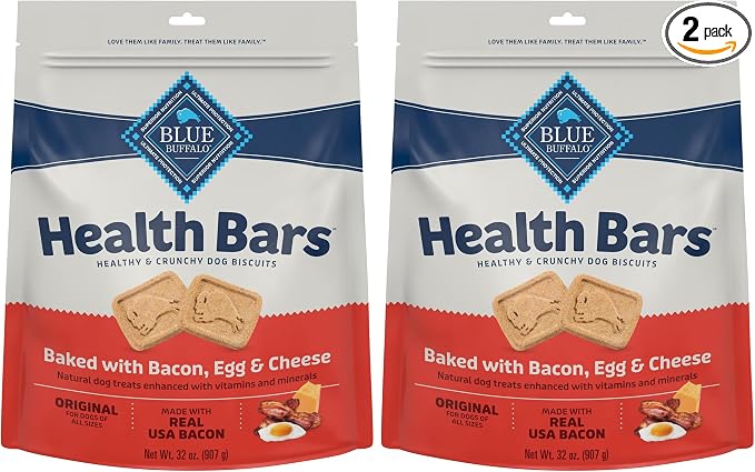 Blue Buffalo Health Bars Mini Crunchy Dog Biscuits, Oven-Baked with Natural Ingredients, Bacon, Egg & Cheese, 32-oz Bag (Pack of 2)