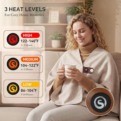 SAVIOR HEAT Electric Heated Shawl with Battery Pack 10,000mAh 3 Heat Levels Cordless USB Heated Shawl Blanket Wraps for Neck & Shoulder Camping Office Home Use Car Travel Fishing