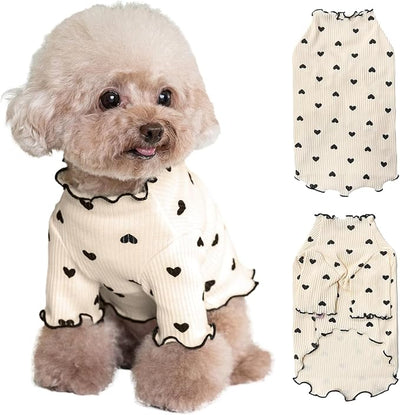 Pet Clothes for Small Dogs Cat Summer Fall Heart Print Shirt Stretchable Ruffle Long Sleeve Outfits for Chihuahua Schnauzer Shih Tzu Yorkie (Coffee, X-Large)