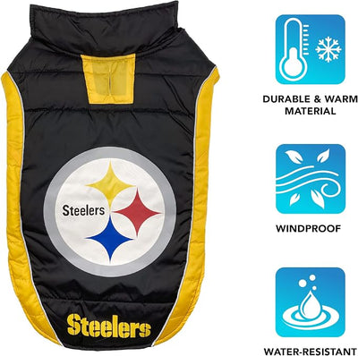 NFL Pittsburgh Steelers Puffer Vest for Dogs & Cats, Size Small. Warm, Cozy, and Waterproof Dog Coat, for Small and Large Dogs/Cats. Best NFL Licensed PET Warming Sports Jacket