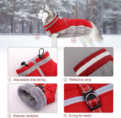Lelepet Dog Coat Warm Dog Winter Coat Waterproof Dogs Jacket with Harness Built in Reflective Pet Fleece Vest Zip-Up Cold Weather Coats for Large Dogs Turtleneck & Windproof Coats Boxer Red XL