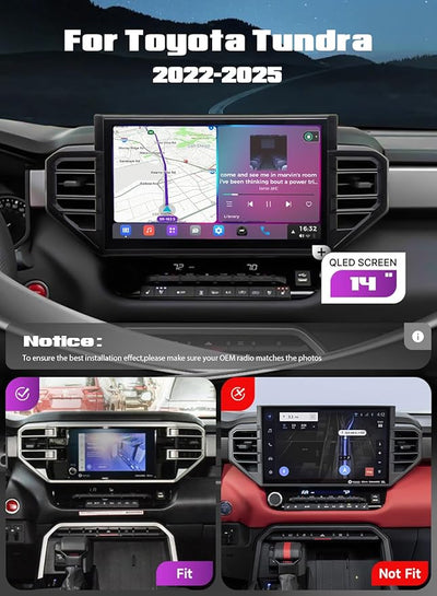 14" Head Unit for Toyota Tundra 2022 2023 2024 2025 with Carplay & Android Auto, 2K QLED Radio, BT 5.0, AM/FM, 8GB+256GB, Android 13, GPS Nagivation, 4G LTE/5G WiFi, DTS, Gyroscope | 14'' 2K QLED Radio, 8+256GB, Wirelss Carplay, Android Auto, 4G LTE, 5...