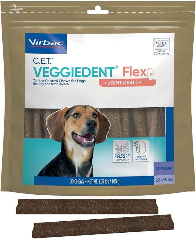 C.E.T.® VEGGIEDENT® Flex Tartar Control Chews for Dogs - Multifunctional to Support Joint Health, VOHC Approved - Medium 22-66lbs