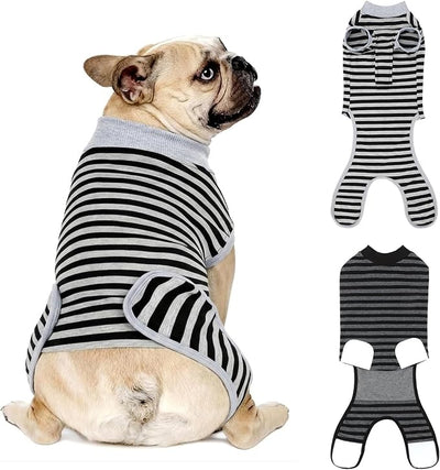 2 Packs Breathable Cotton Dog Recovery Suit for After Neuter Spay Abdominal Wounds Protector, Professional Anti-Licking Onesies for Male Female Pets Surgery Bandages, Small Striped Black Grey