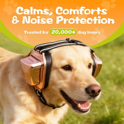 PETSEAR Dog Ear Muffs Noise Protection,Dog Headphones Noise Cancelling 29dB NRR with Magnetic Buckle & Electroplated Finish, Anti-Anxiety Earmuffs for Fireworks,Thunderstorms,Travel(Gold,L)