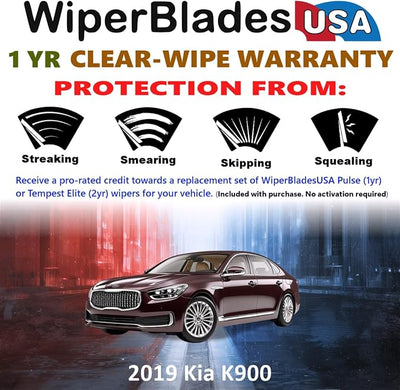 WiperBladesUSA Wiper Blades Set w/ 1yr warranty compatible with Kia K900 2019 Wipers (Set of 2) Pulse Wipers