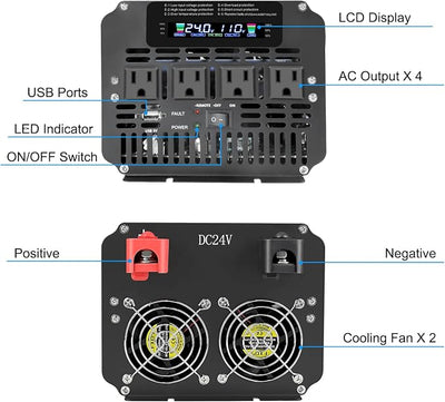 LVYUAN 3000 Watt Power Inverter 24V to 110V 120V DC to AC with 4 AC Outlets, LCD Display, USB Port & Remote Control for Home, RV, Vehicle, Truck, Off-Grid Solar System, Heavy Duty Outdoor Camping