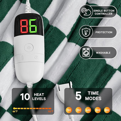 Heated Electric Blanket Throw, 50X60 Heating Blanket with 10 Heating Levels & 8 Hours Auto Off for Lap, Dark Green Checkered Plaid Soft Sherpa Blankets, Gifts for Mom, Grandma Women Couch