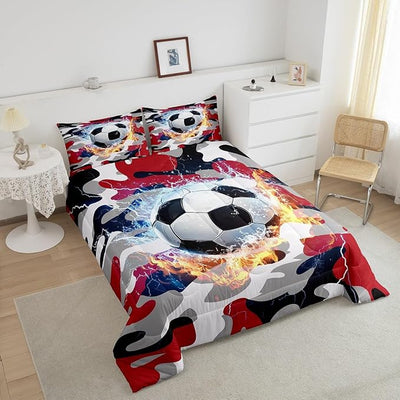 Erosebridal Boys Football Comforter Set Queen Size, Red Black Camo Bedding Set for Kids Teens Adult, Soccer Sports Game Quilted Duvet Militarily Camouflage Bedding Comforters with 2 Pillow Cases