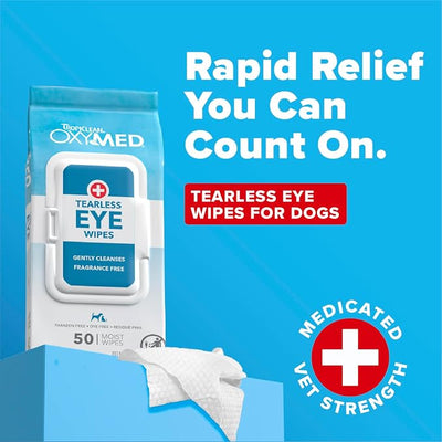 TropiClean OxyMed Dog Eye Wipes, Tear Stain Remover for Dogs, Face Wipes for Discharge and Crust, Safe for Cats, 50 Count