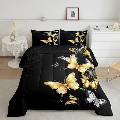 Erosebridal Butterfly Quilted Duvet Full Size for Girls Boys Women, Black and Gold Comforter Set Silver Gold Bedding Set, Soft Luxury Microfiber Duvet Insert, 1 Comforter + 2 Pillow Cases