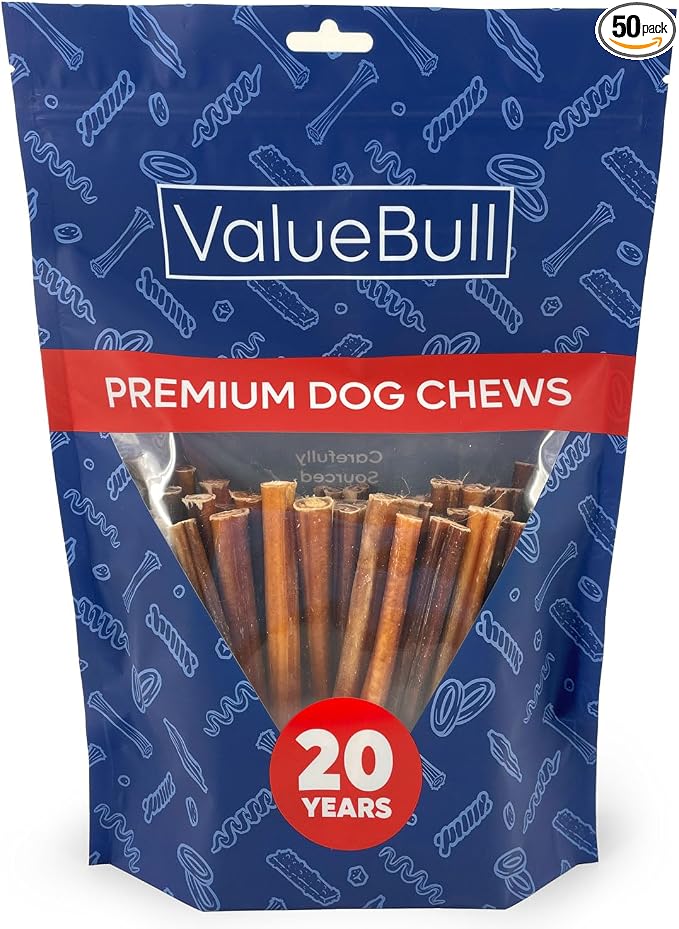 ValueBull Bully Sticks for Small Dogs, Thin 6 Inch, 50 Count - All Natural, Grass Fed, Single Ingredient, Long Lasting Dog Treats