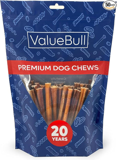 ValueBull Bully Sticks for Small Dogs, Thin 6 Inch, 50 Count - All Natural, Grass Fed, Single Ingredient, Long Lasting Dog Treats