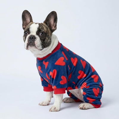 Fitwarm Valentines Day Sweet Hearts Dog Pajamas, Dog Winter Clothes for Small Dogs Girl Boy, Lightweight Velvet Pet Jumpsuit, Cat Onesie, Dark Blue, Red, XXL