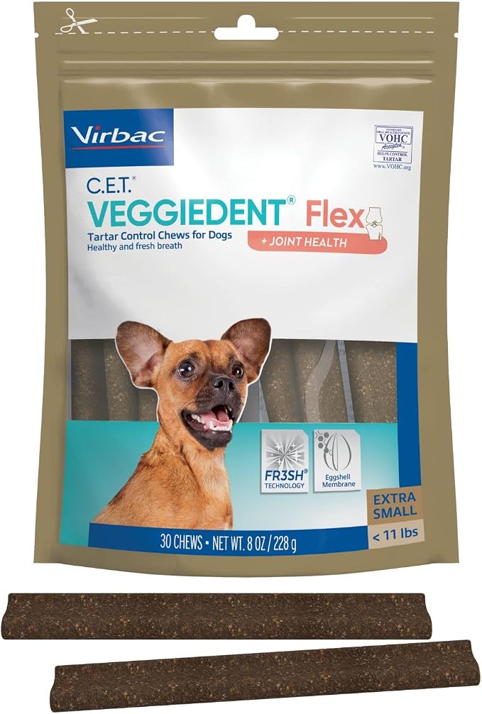 C.E.T.® VEGGIEDENT® Flex Tartar Control Chews for Dogs - Multifunctional to Support Joint Health, VOHC Approved - Extra Small Under 11lbs