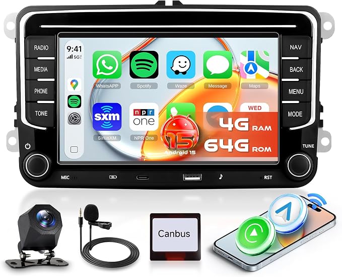 7''IPS Screen Car Radio for VW Jetta Tiguan Golf Passat MK5 MK6 T5 EOS Polo | 5Ghz WiFi,Android 15 4G+128G Radio Car Stereo with Wireless Carplay Android Auto,Type-C USB,5.0 Bluetooth 32EQ,FM/RDS,GPS