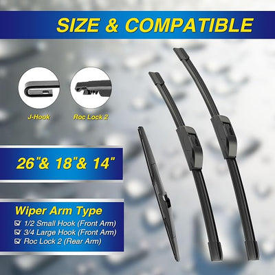 5 PLUS® Silicone Windshield Wiper Blades Replacement for 2022-2014 JEEP Cherokee Wiper Blades(Set of 3),Automotive Replacement Windshield Wiper Blades With silicone Water Repellency-26"/18"/14"