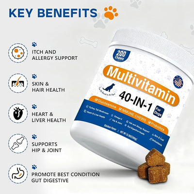 40-in-1 Dog Vitamins Chewable Multivitamin for Dogs Supplements with Glucosamine MSM - Turkey Tail Mushroom, Digestive Enzymes Gut Probiotics, Hip & Joint, Skin & Coat Immune Support, 400ct