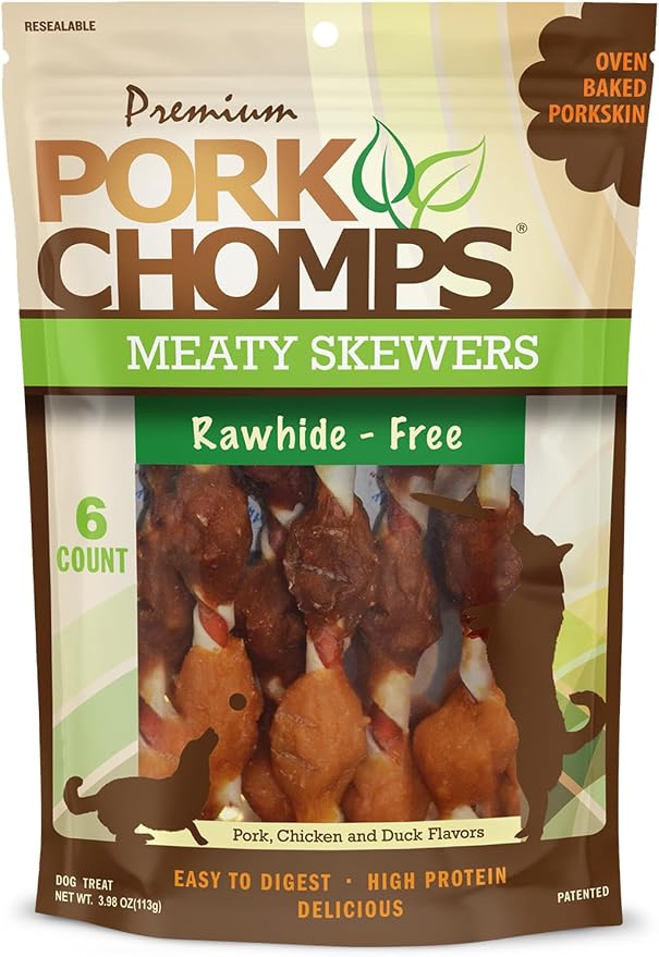 Premium Meaty Skewers Dog Chews, 6 count - Pork Skin with Chicken & Duck - Long-Lasting Treats for Dogs - High Protein, Rawhide-Free, Low Fat, Healthy & Delicious, 3.98 oz (1 Pack)