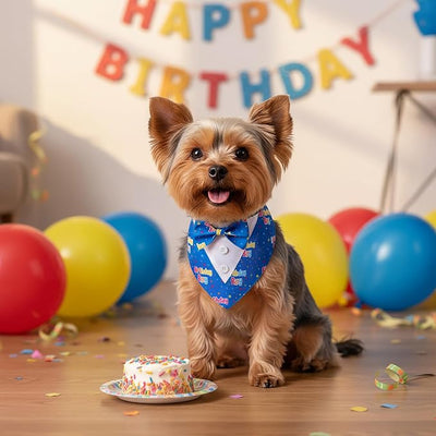 ADOGGYGO Birthday Boy Dog Tuxedo Bandana, Blue Collar with Bow Tie, Adjustable Formal Birthday Costume for Small Dogs (S)