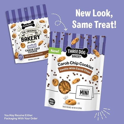 Three Dog Bakery Mini Carob Chip Cookie Crunchy Dog Treats - Made with Real Ingredients - Bite-Sized Crunchy Treats for Dogs - 8 oz Bag