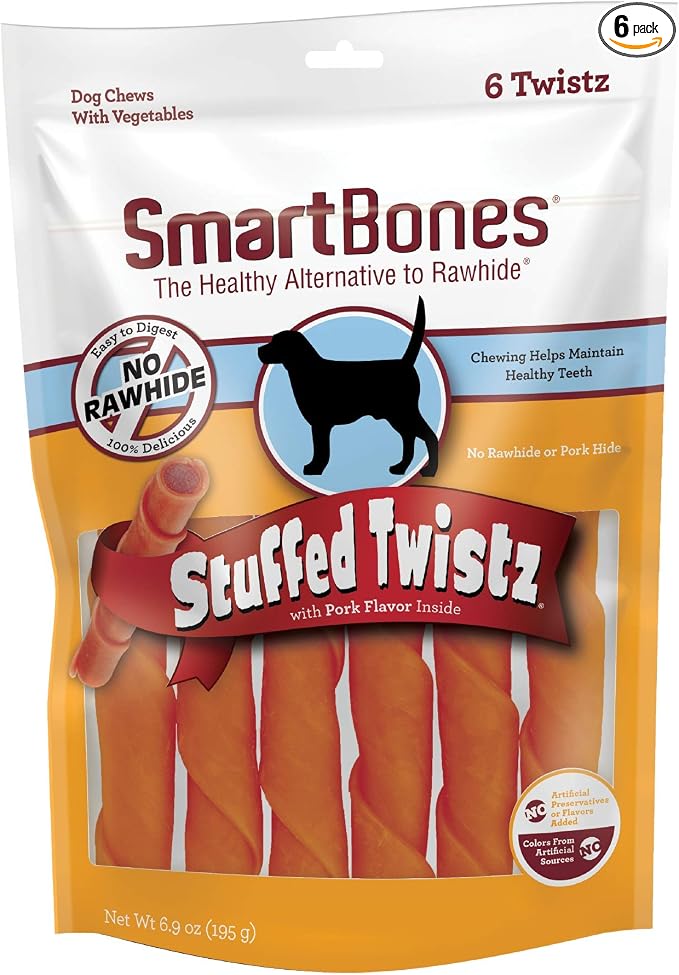 SmartBones Stuffed Twistz with Pork Flavor 6 Count, Rawhide-Free Chews for Dogs, No Artificial Preservatives or Flavors Added, (SBST-00301), 6 Count, Pork