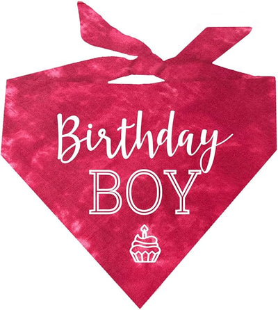 Birthday Boy with Cupcake Dog Bandana | 100% Cotton Tie Dye | Made in USA | Birthday | Pawty | Party Theme | Celebration Supplies | Photoshoot | One Size | Red Scrunch (214)