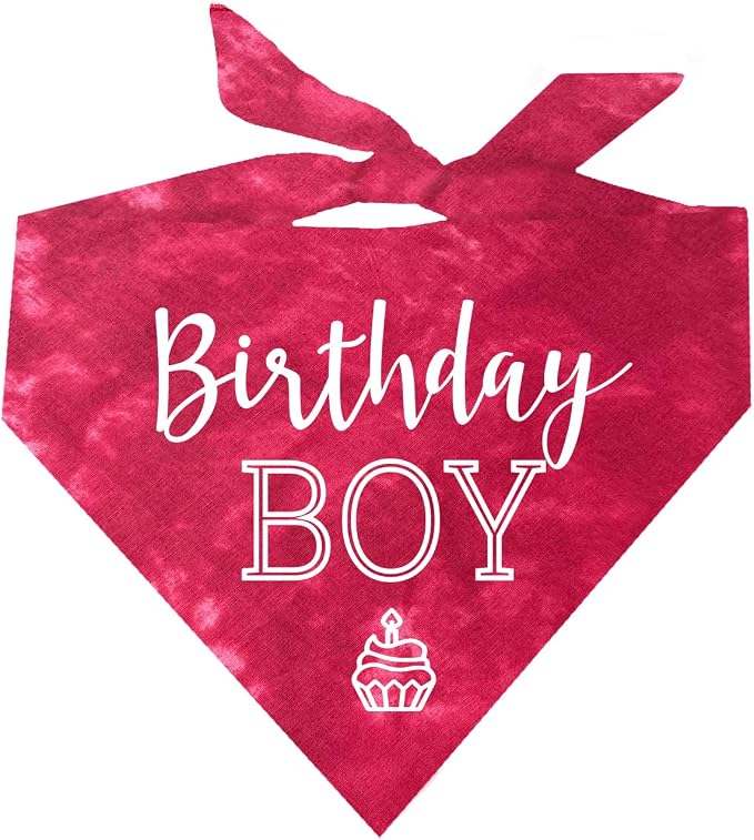 Birthday Boy with Cupcake Dog Bandana | 100% Cotton Tie Dye | Made in USA | Birthday | Pawty | Party Theme | Celebration Supplies | Photoshoot | One Size | Red Scrunch (214)