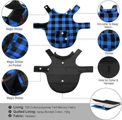 ASENKU Dog Winter Coat, Fleece Doggie Jacket Plaid Reversible Vest Waterproof Windproof Cold Weather Clothes for Small Medium Large Dogs (XXL, Blue)
