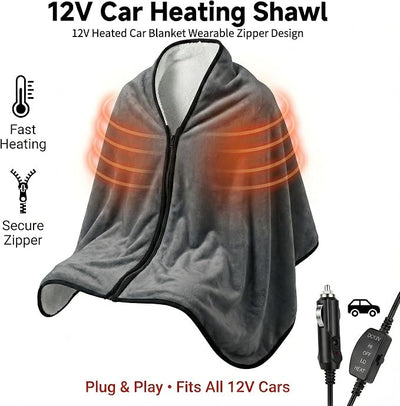 12V Car Heated Blanket & Wearable Shawl – Electric Fleece Travel Throw with Zipper for Truck Drivers, RV & Winter Road Trips – Fast Heating, Soft Flannel