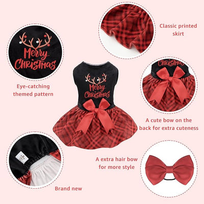 CuteBone Christmas Dog Dresses Velvet Holiday Small Dogs Clothes Onesie Pet Apparel Girl Puppy Skirt with Bow Hair Rope