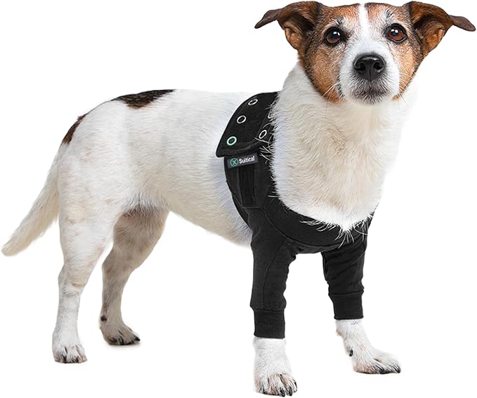 Suitical Recovery Double Sleeve for Dogs - Front Leg Protection for Post-Surgery, Skin Issues, Hot Spots - Adjustable Double Dog Leg Sleeve to Prevent Licking - S Black - Chest 17.7-24 in
