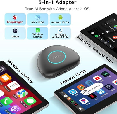 Wireless CarPlay&Android Auto Adapter Magic AI Box with 4G LTE | 8GB+128GB | GPS | Full Android OS | OBD II, Compatible with Wired Factory CarPlay&Android Auto, Support for YouTube/Netflix