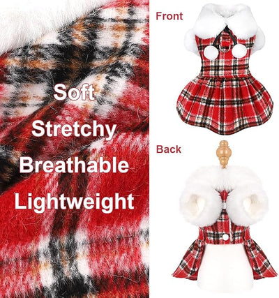 Dog Sweater with Leash Set D Ring Plaid Fleece Dog Clothes for Small Dogs Girl Boy Winter Puppy Dress Cold Weather Coat Fall XXS Sweater for Chihuahua Yorkie Cat Doggy Costumes, Red, S