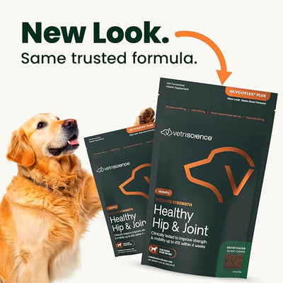 VetriScience Ultimate Strength Healthy Hip & Joint Chews, GlycoFlex Glucosamine, Chondroitin and Green-Lipped Mussel Joint Support Supplement for Dogs, Soothe Discomfort, Bacon, 60 Chews