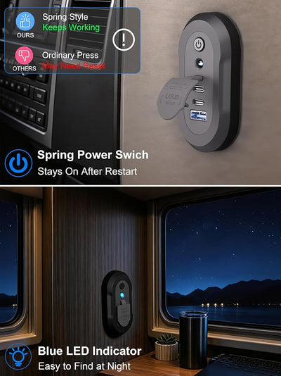 12V USB Outlet RV 3 Ports Car Charger: 78W Fast Charging Dual PD 3.0 & QC 18W Car Lighter Adapter with Switch & Blue Indicator Light - USB C 30W Wall Mount Panel Socket for Marine Bus Boat ATV Truck