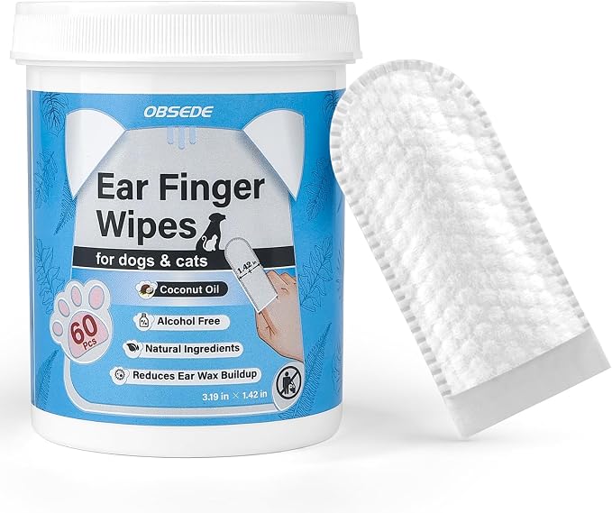 Dog & Cat Ear Wipes, 60 Count Finger Wipes for Gentle Cleaning & Itch Relief - Fresh Coconut Scent, Removes Wax & Odor – Daily Pet Grooming Supplies