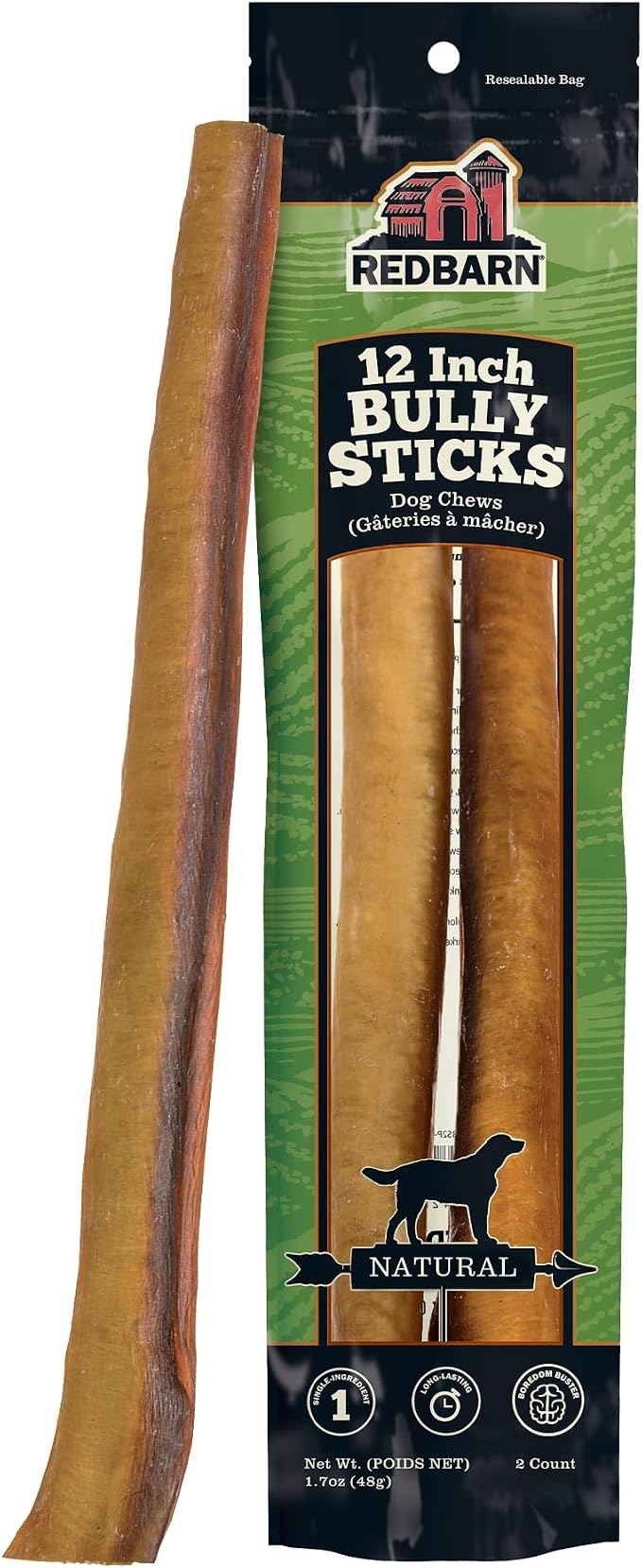 Pet Products All-Natural 12" Large Bully Sticks for Dogs - Premium Grain-Free & Rawhide-Free Single Ingredient Long Lasting Low Odor Dental Treat for Chewers - 2 Count