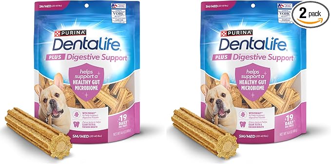 Plus Digestive Support Dog Treats for Small and Medium Dogs, Cleans Teeth, Freshens Breath, & Supports Healthy Gut, Chicken & Pumpkin Flavor, 14.4 oz., 19 Chews - 19 ct. Pouch, (Pack of 2)
