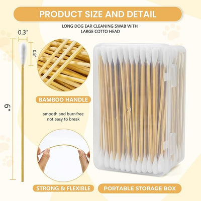 200pcs Large Cotton Swabs with Storage Case, 6 Inch Long Dog Ear Swabs Jumbo Size, Gentle & Lint-Free Pet Ear Cleaning Swabs with Bamboo Handle, Compatible with Dog Ear Cleaner Tool