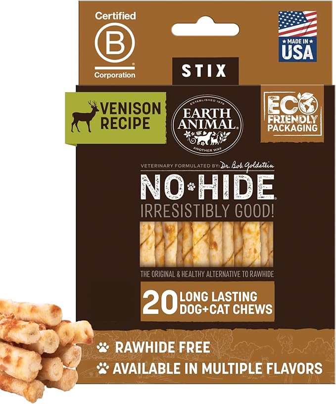 No Hide Stix - Long Lasting Rawhide Free Small Dog Chews Sticks, Venison - 20 Count Value Pack