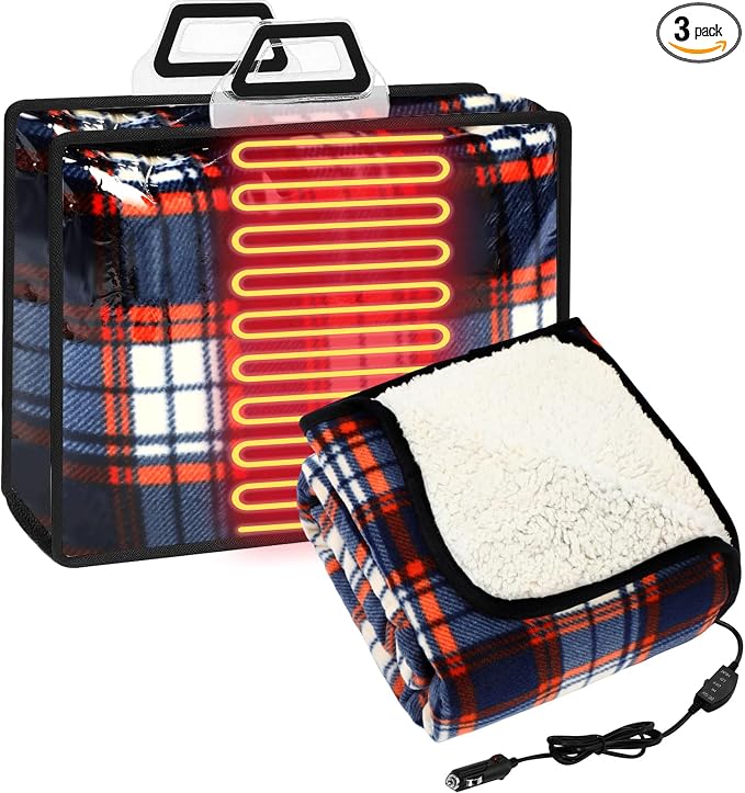 Tuanse 58 x 43 Inches 12 Volt Heated Car Blanket Plug in Portable Car Electric Blanket with Cigarette Lighter, Temperature Controller and Storage Bag for Rv Truck Traveling(Blue White,Stripe)