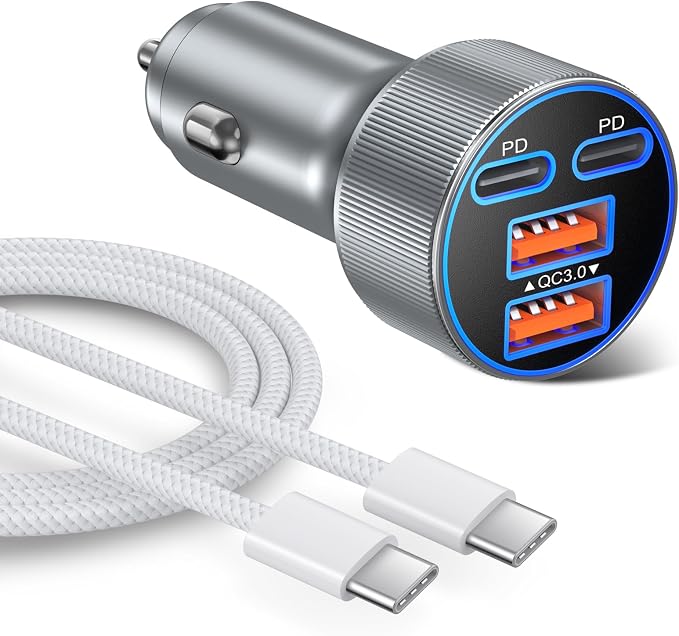 90W Car Charger USB C, Dual 45W USB C iPhone 17 Pro Max Fast Charging Cigarette Lighter Adapter with 6ft Type C Cable for iPhone 16 15 Galaxy S26 S25 Ultra S24 S23