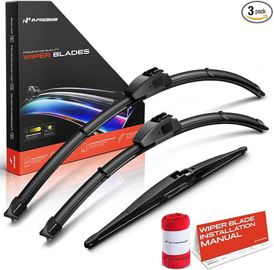 A-Premium 26"+21"+14" Windshield Wiper Blades with Wear Indicator & Towel | Compatible with Mitsubishi Endeavor 2004 2005 2006 2007 2008, Front Rear Wipers Blade Set for Hook/RL2 Arm, Pack of 3