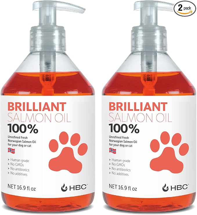Brilliant Norwegian Salmon Oil for Dogs, Cats, Horse, Ferret - Pure Omega 3, 6 & 9 Fish Oil Food Treats Supplement for Natural Coat, Immune Support, Itchy Skin, Joint & Brain Health - 2x16.9 oz