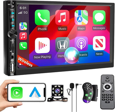 Upgrade Wireless 7" Double Din Car Stereo Apple CarPlay Android Auto 178 * 102mm,Touchscreen Car Play Radio for Car,Screen for Bluetooth 5.2, Weatherproof Backup Camera,FM AM,AUX,Card Slot,USB,SWC