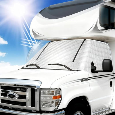 RV Windshield Window Snow Cover for Class C Ford E450 1997-2025 Motorhome, Windshield Cover for Ice and Snow RV Front Window Sunshade Cover RV Accessories 4 Layers with Mirror Cutouts Zipper