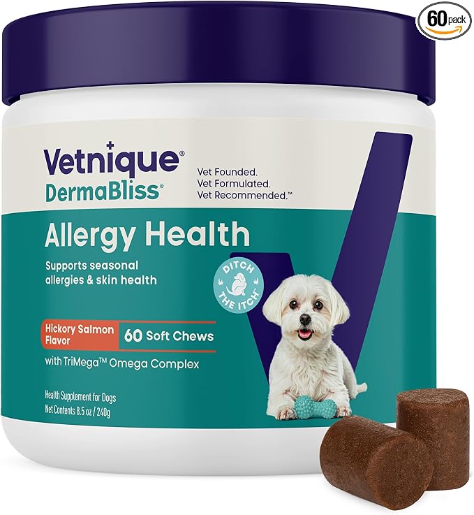 DermaBliss Vet-Formulated Dog Allergy Chews for Seasonal Itch Relief, Skin, Coat & Gut Health, Omega 3 + Probiotic Anti-Itch Soft Chew Supplement for Dogs (60ct, Regular Strength Chews)