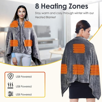 Heated Blanket Electric Throw, 59" x 31" Soft Cozy Flannel Wearable USB Electric Heated Shawl Poncho Wrap Blanket Winter Warmer with Zipper for Car Office Home Travel