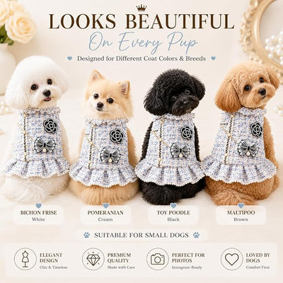 Spring Fall Winter Dog Tweed Coat with Pearl Design, Warm Fleece Dog Dress for Small Medium Dogs & Cats, Cute Puppy Clothes with Bow & Flower, Luxury Pet Outfit for Girls(Blue,XL)